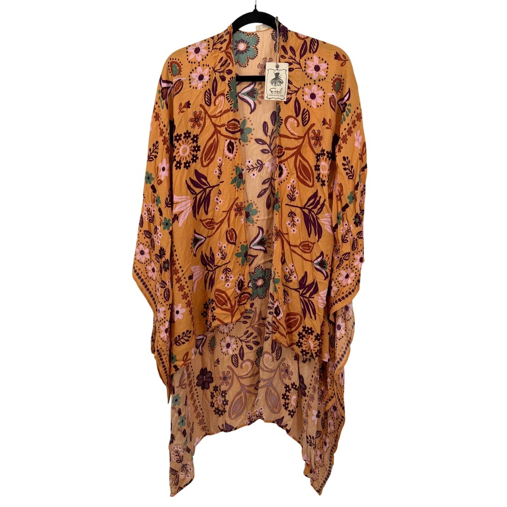 Easel Womens M Kimono Wrap Floral Mustard Yellow Boho Botanical Open Front NWT